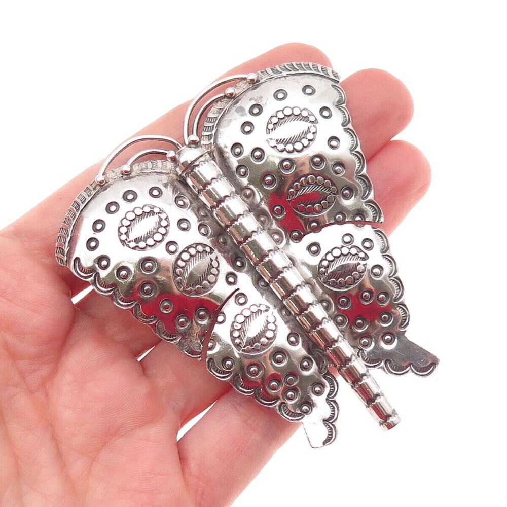 Old Pawn 925 Sterling Silver Vintage Butterfly Tribal Oxidized Large Pin Brooch
